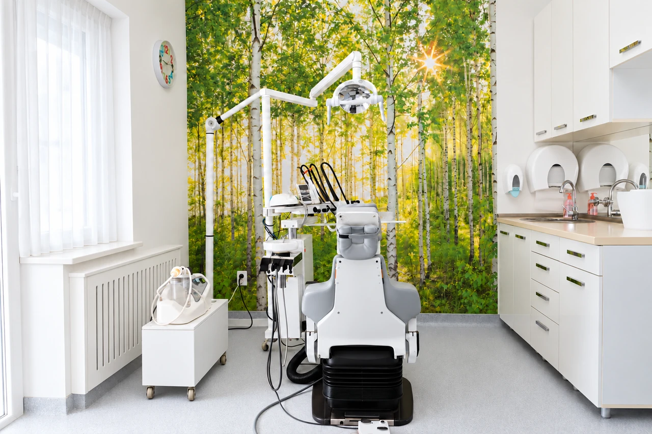 Treatment room at Aleksandra dental practice with a dental chair and forest mural.