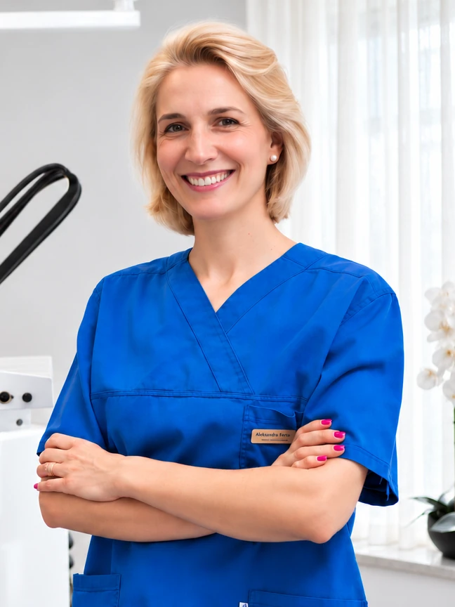 Dr Aleksandra Forkapić u plavoj uniformi u stomatološkoj ordinaciji Aleksandra.